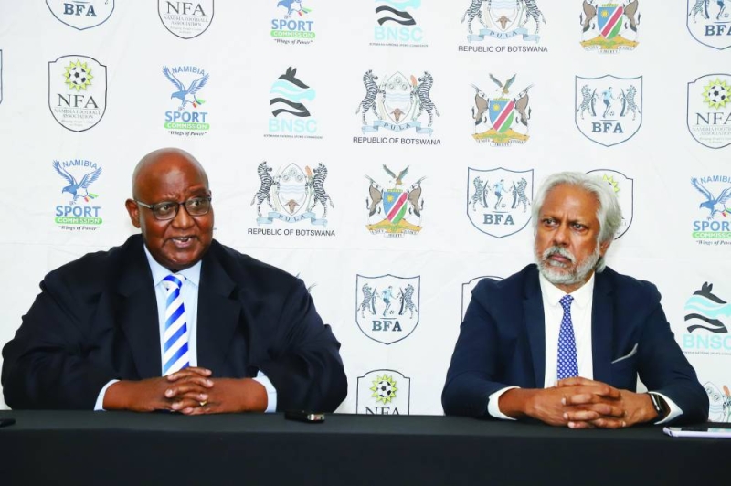 Botswana and Namibia Bid Committee Chairperson, Ashford Mamelodi (left) and Ruben Reddy at a media briefing held on Friday PIC MORERI SEJAKGOMO