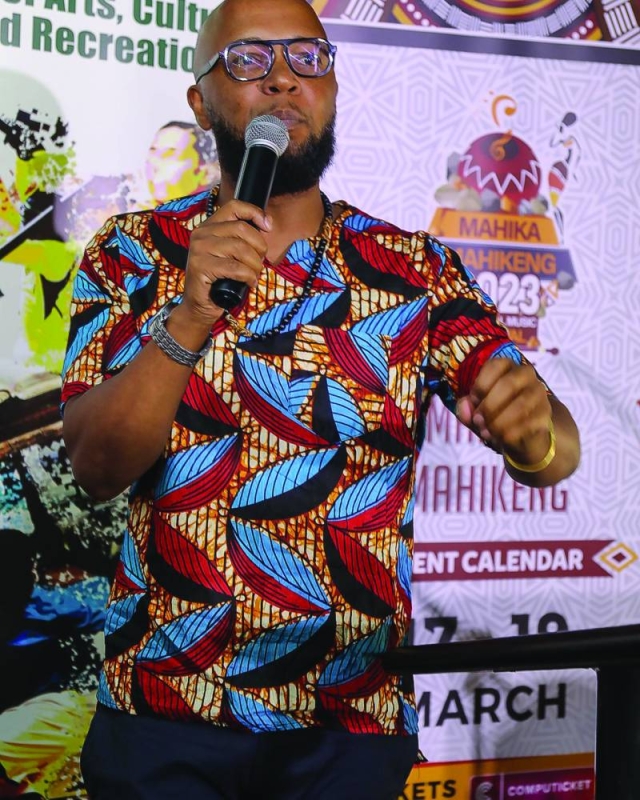 Mahika Mahikeng ambassador Stone speaking during a press briefing