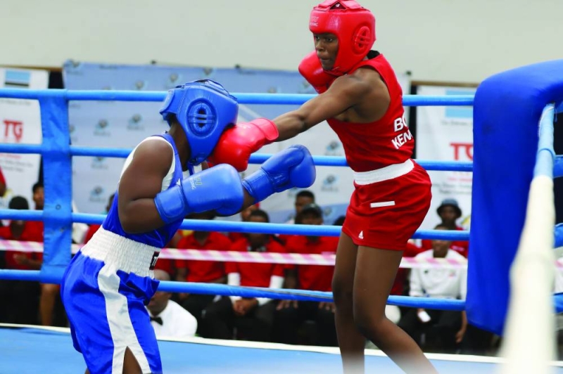 Keamogetse Kenosi throws a punch at Kutlwano Sekhutlo during the 2023 Botswana Boxing Association (BoBA) elite championship PIC: KENNEDY RAMOKONE