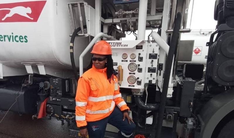Breaking the ceiling: Ratlatsi is a rarity in the male dominated world of heavy duty aviation refuelling