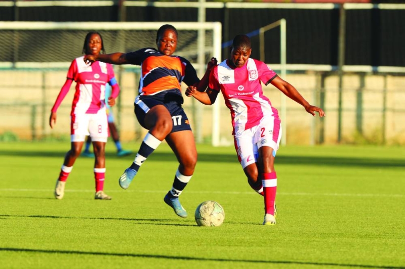 Gaborone United (in red) sealed their spot in the national final four championship with a 6-0 win over Zodiac Collabo Girls. PIC PHATSIMO KAPENG