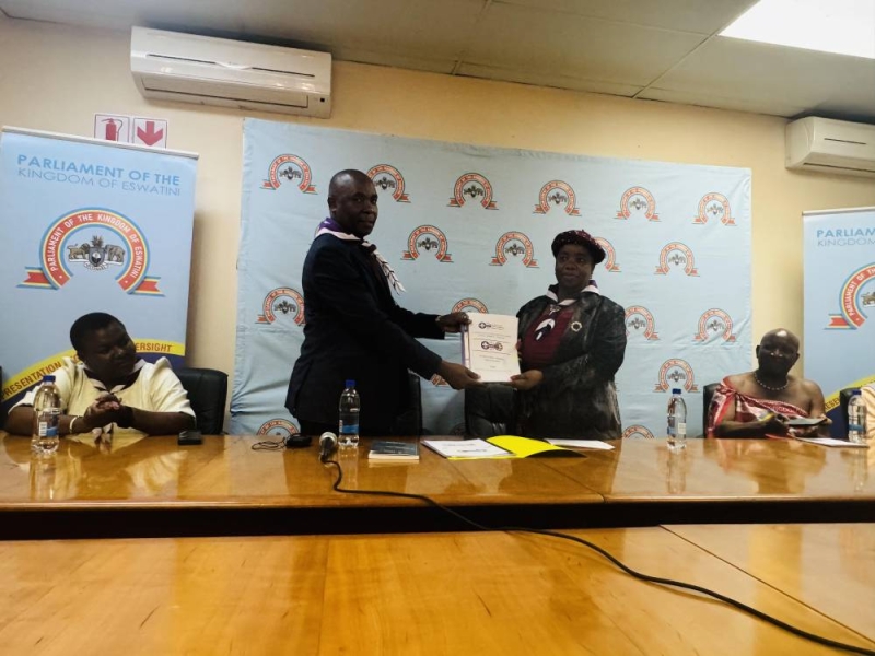 Southern Zone Co-ordinator Brigadier Ezekiel Malenya handing the letter to Senator Princess Ntombiyenkosi