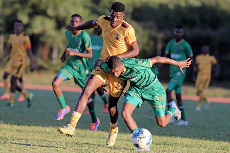 Title race: Lebogang Ogotseng (yellow) of Police XI tussling for the ball against Tlhalefo Kame (green) of Taung Young Strikers PIC: KENNEDY RAMOKONE
