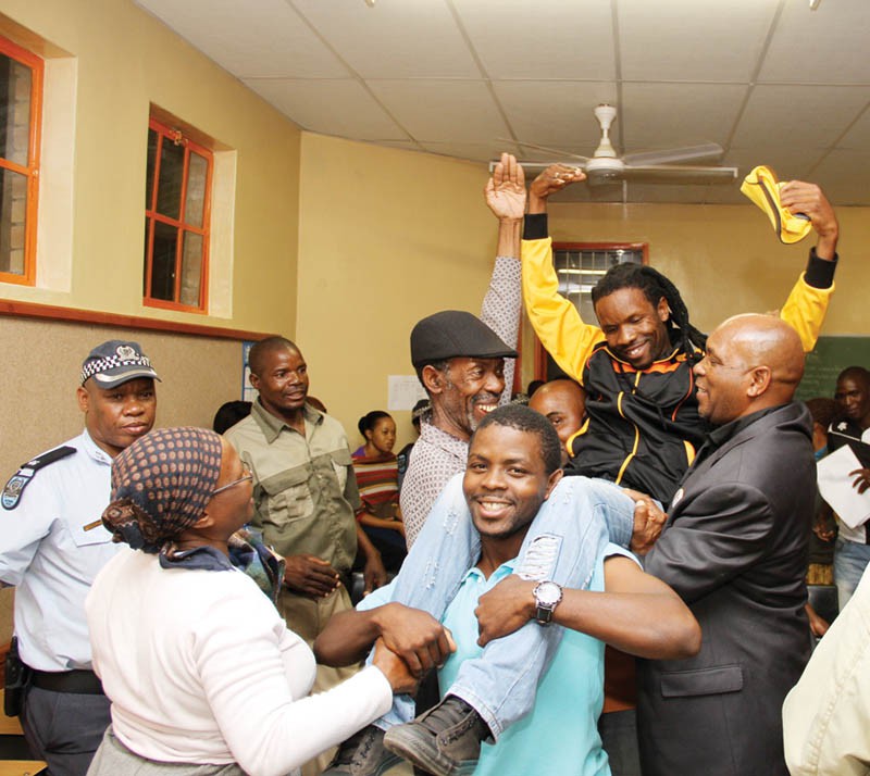 Ogopotse supporters Modibedi hoisted by fellow UDC members in celebratory mood. PIC: KAGISO ONKATSWITSE