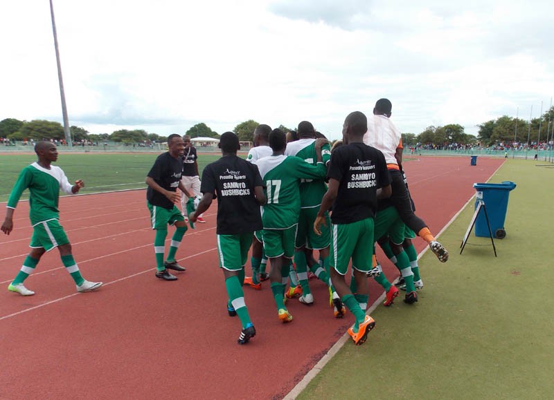 Sankoyo Bush Bucks celebrate a goal against Gaborone United in Maun