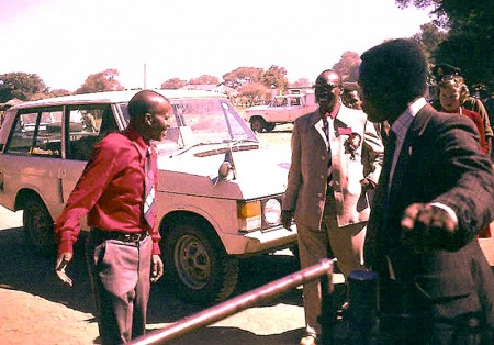 Seretse, accompanied by Ruth, is welcomed by vice president Quett Masire to the BDPs 1978 Conference in Serowe. PIC: SANDY GRANT
