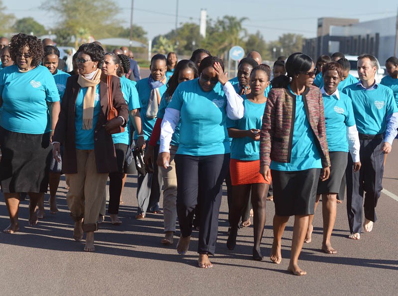 FNBB staff, media and other invited guests at the barefooted walkthon held in Gaborone