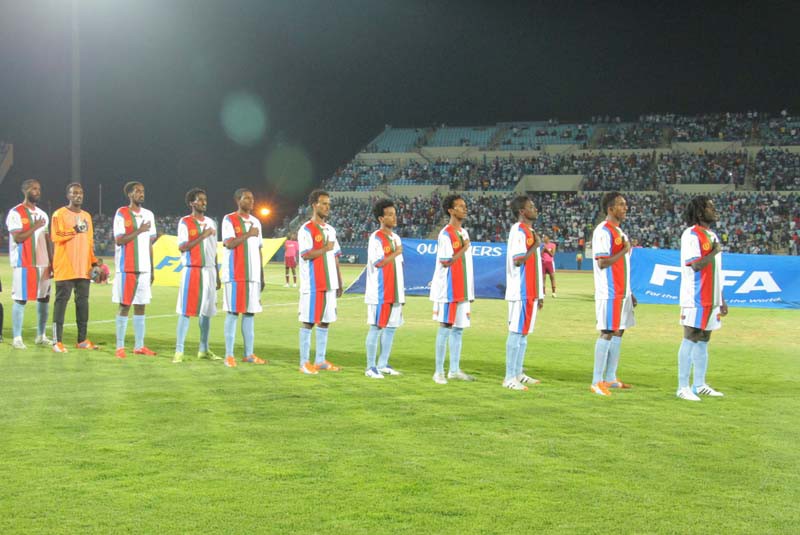 Eritrean players singing their country's national anthem before the Zebras Eritrea match PIC. KEAOGILE BONANG