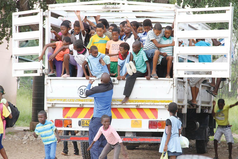 Students in Gantsi District being transported by trucks.PIC: KAGISO ONKATSWITSE