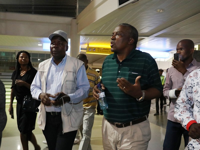 Isaac Kgosi with Peter Magosi during the arrest at SSKI Airport PIC. THALEFANG CHARLES