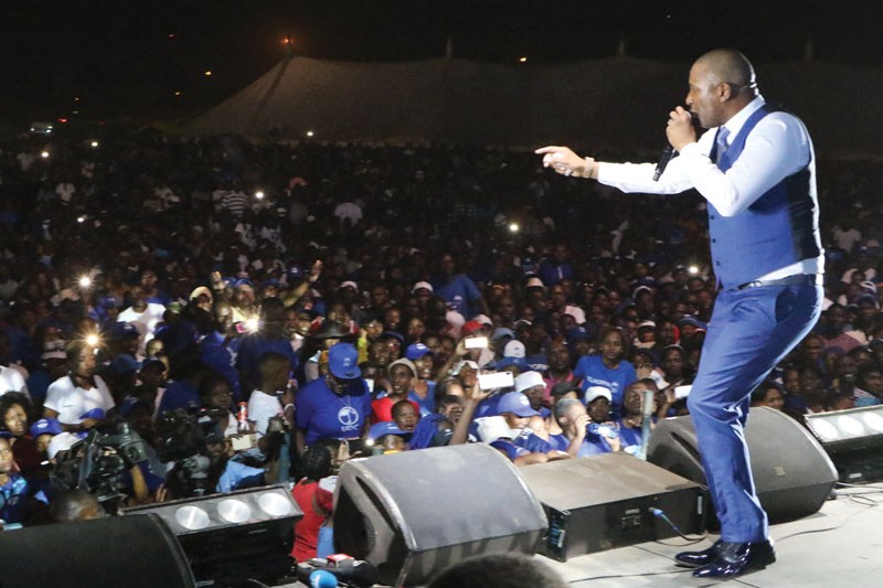 UDC President Duma Boko addressing multitudes at his launch on Saturday. PIC: MORERI SEJAKGOMO