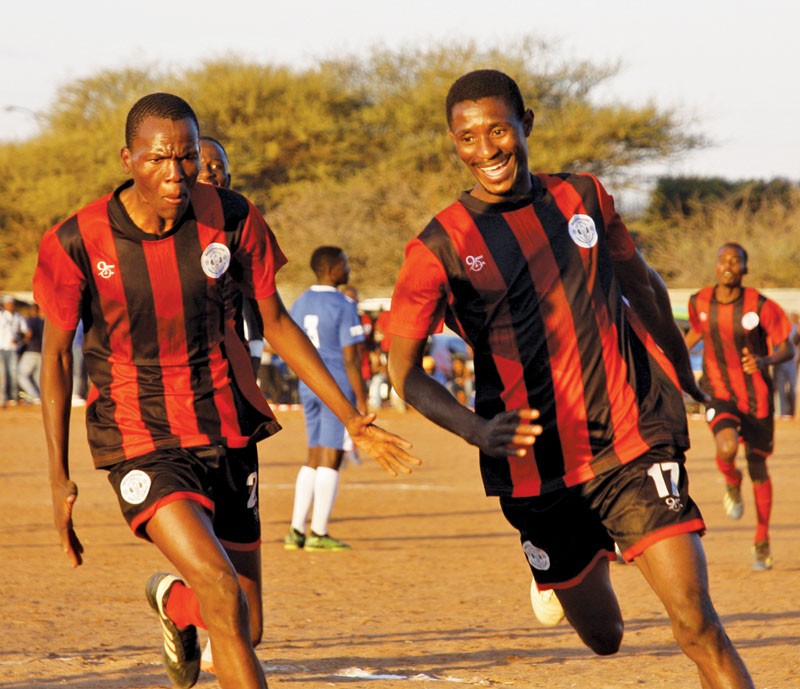 Mochudi Centre Cheifs players celebrate the winning goal aginst Mogodidtshane Fighters